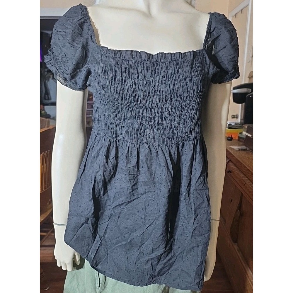 Vintage Y2K  She's‎ Cool Baby Doll Top Puff Sleeve Smocking Black Large Coquette